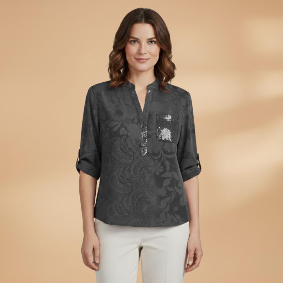 Women’s Blouse with Stand Collar and Front Pocket