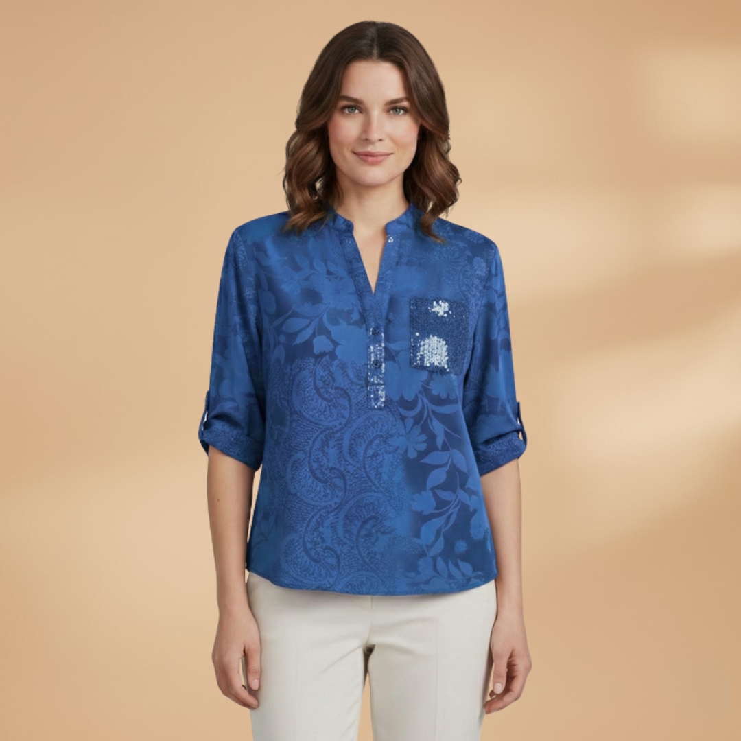 Women’s Blouse with Stand Collar and Front Pocket