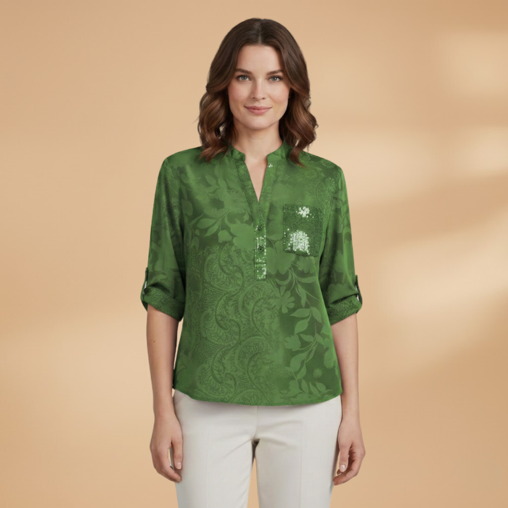Women’s Blouse with Stand Collar and Front Pocket