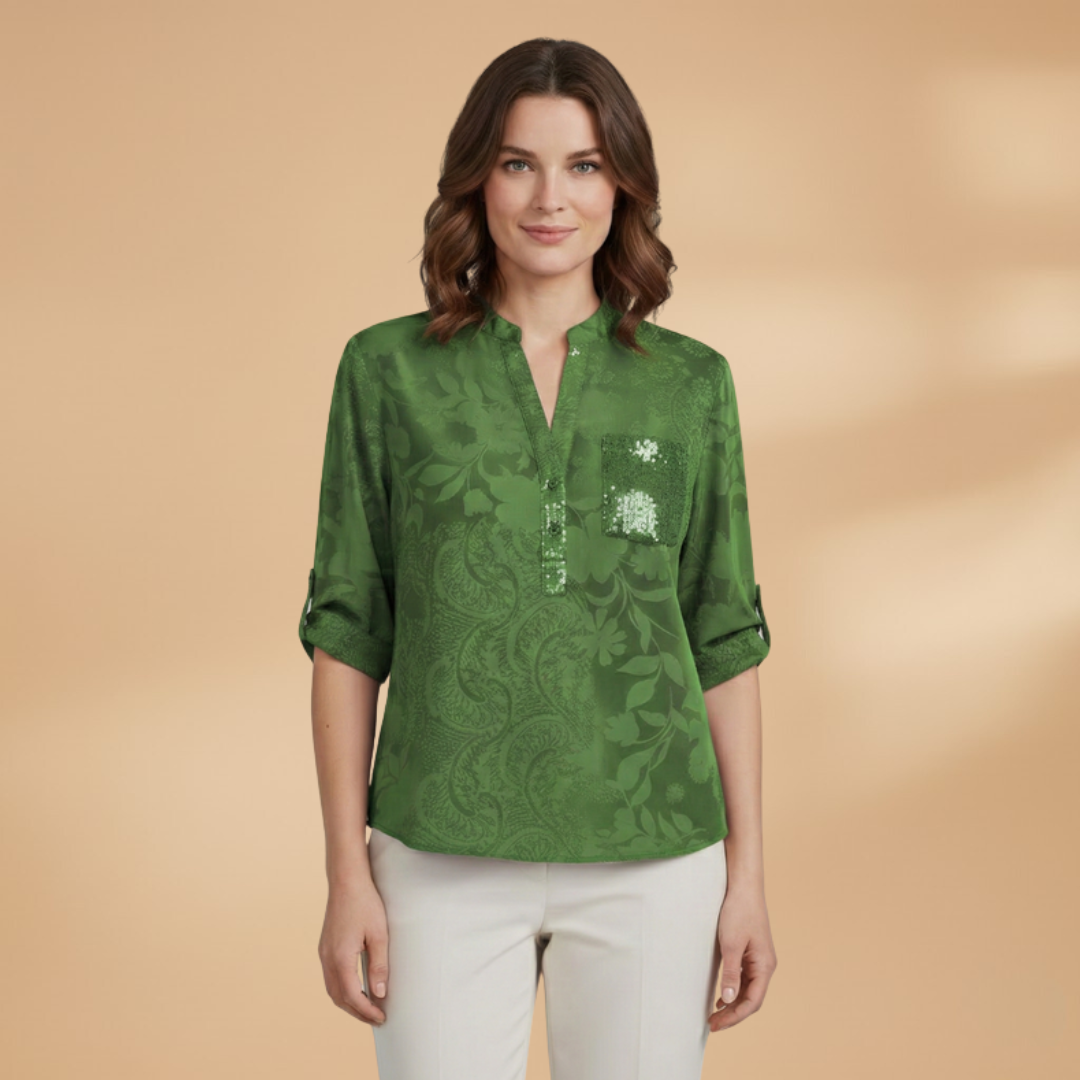 Women’s Blouse with Stand Collar and Front Pocket