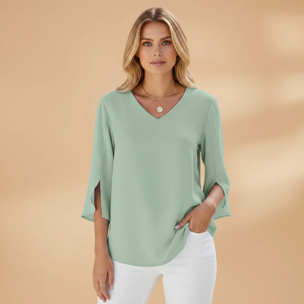 Women's Blouse with V-Neck and 3/4 Sleeves for Spring