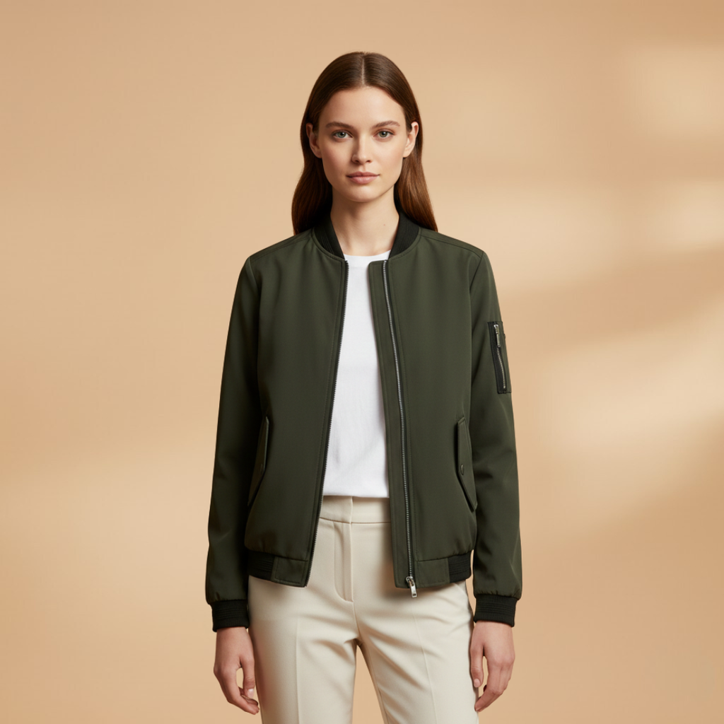 Women’s Bomber Jacket with Zip Closure and Multiple Pockets