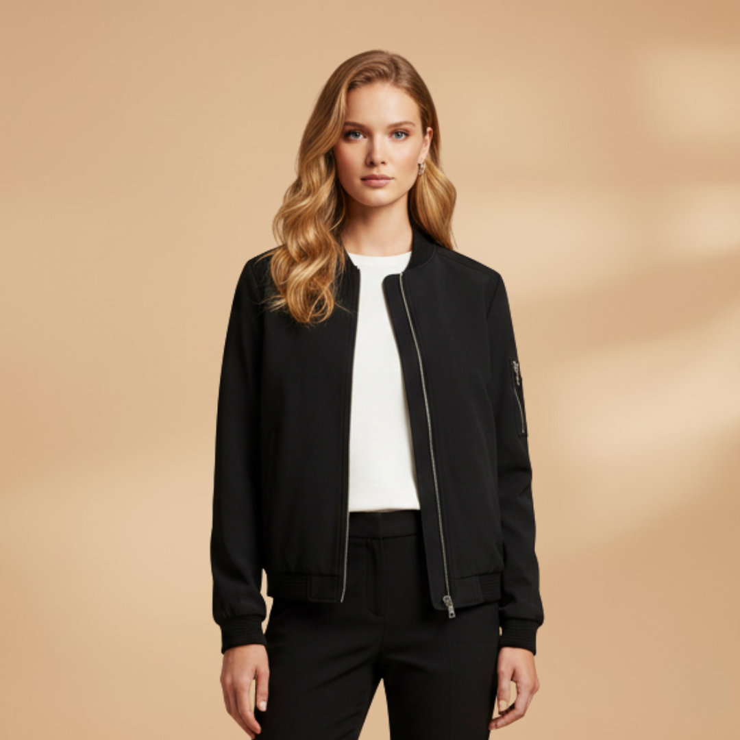 Women’s Bomber Jacket with Zip Closure and Multiple Pockets