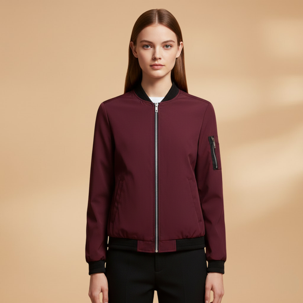 Women’s Bomber Jacket with Zip Closure and Multiple Pockets