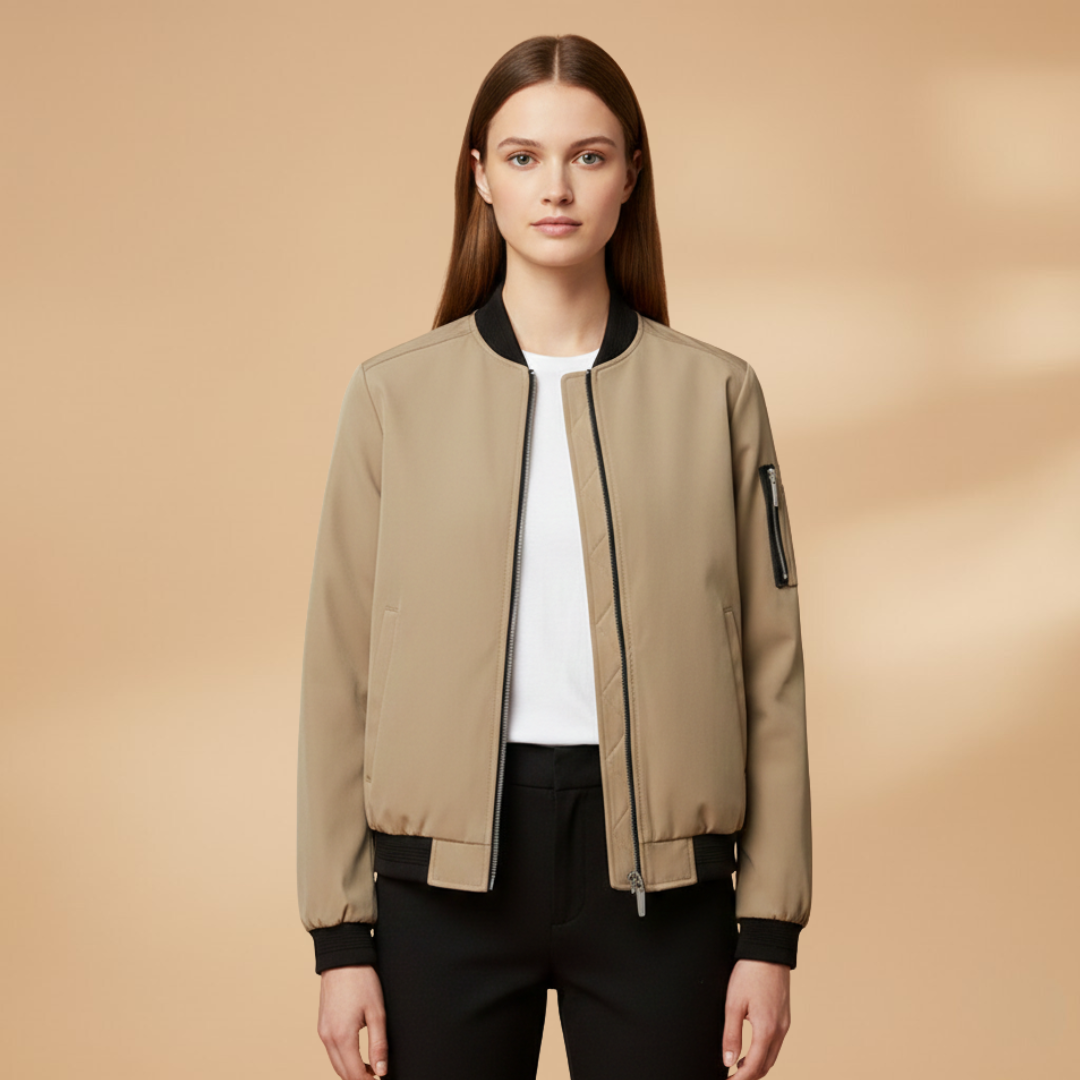 Women’s Bomber Jacket with Zip Closure and Multiple Pockets