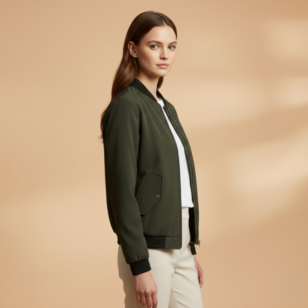 Women’s Bomber Jacket with Zip Closure and Multiple Pockets