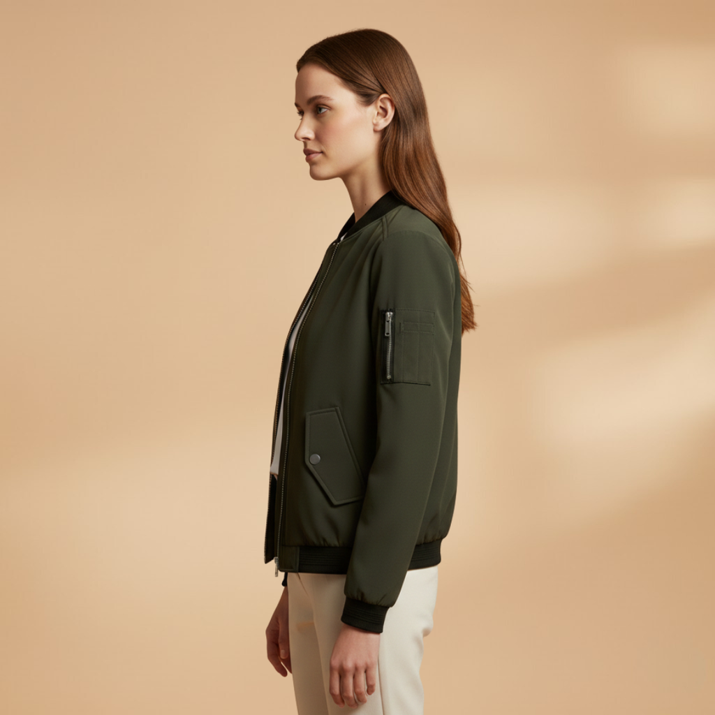 Women’s Bomber Jacket with Zip Closure and Multiple Pockets