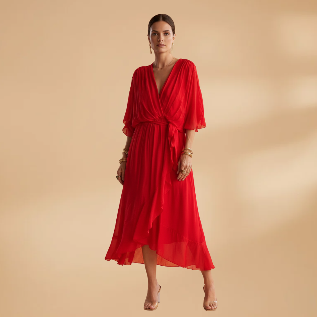 Women’s Chiffon Dress with V-Neck and Flowing Skirt