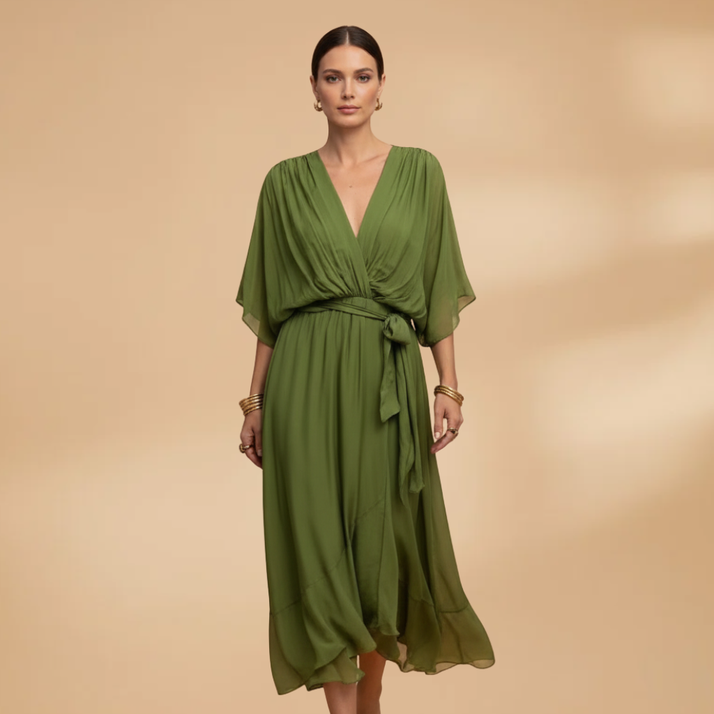 Women’s Chiffon Dress with V-Neck and Flowing Skirt