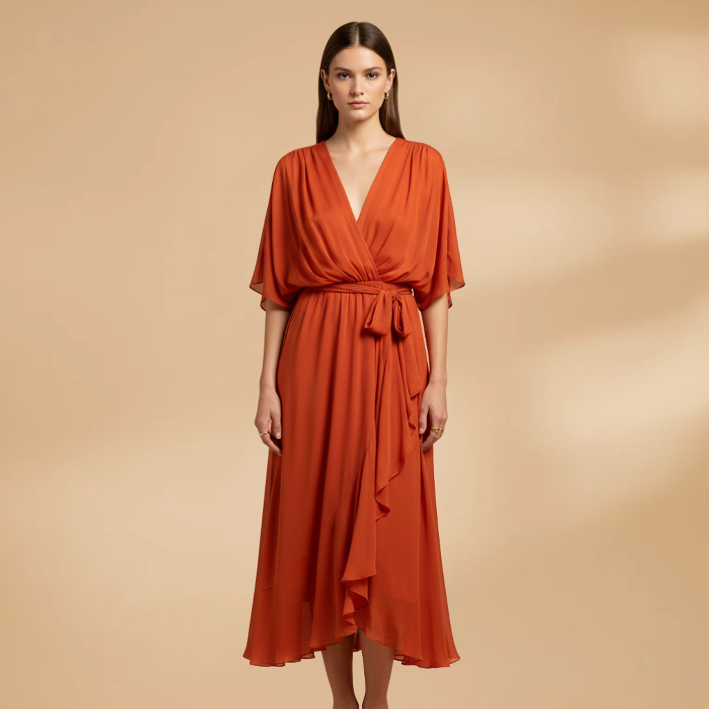 Women’s Chiffon Dress with V-Neck and Flowing Skirt