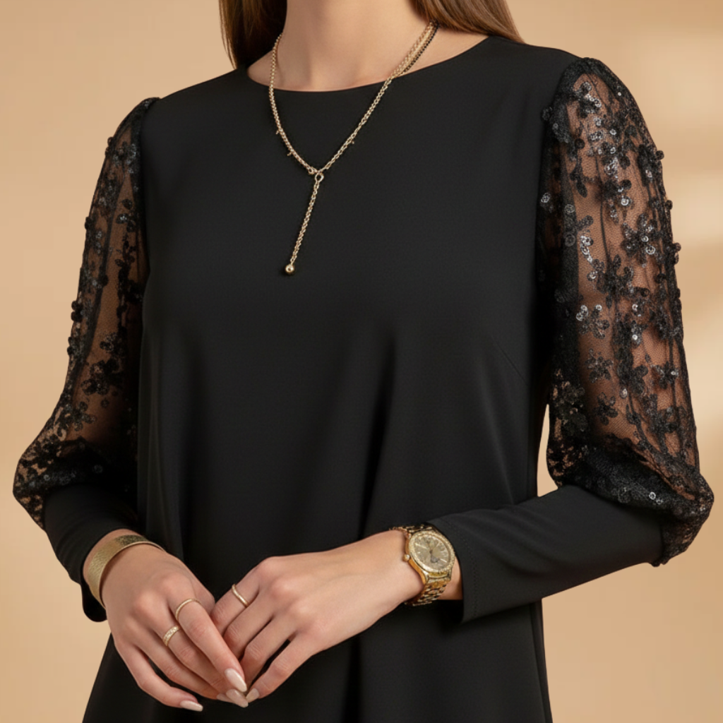 Women’s Dress with Lace Sleeves and Relaxed Fit