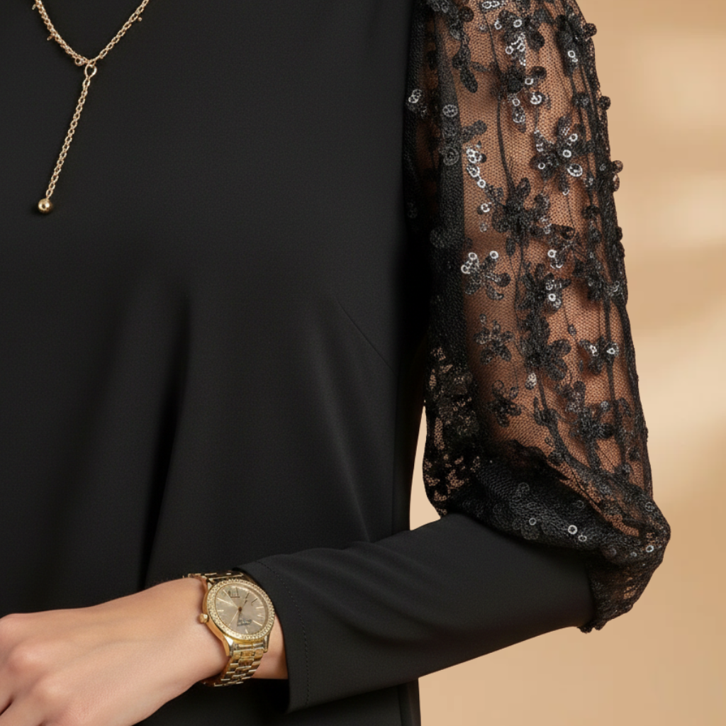 Women’s Dress with Lace Sleeves and Relaxed Fit