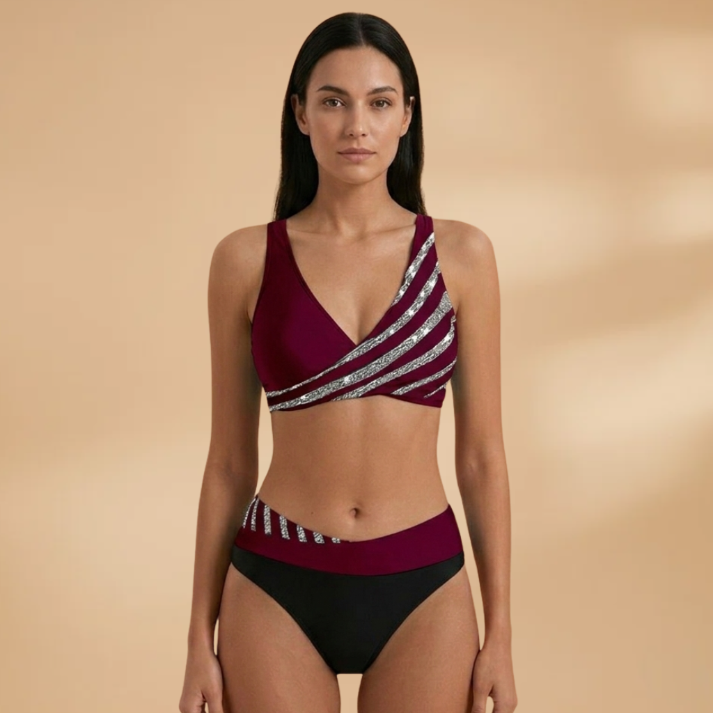 Women's High-Waist Bikini with Glitter Stripes