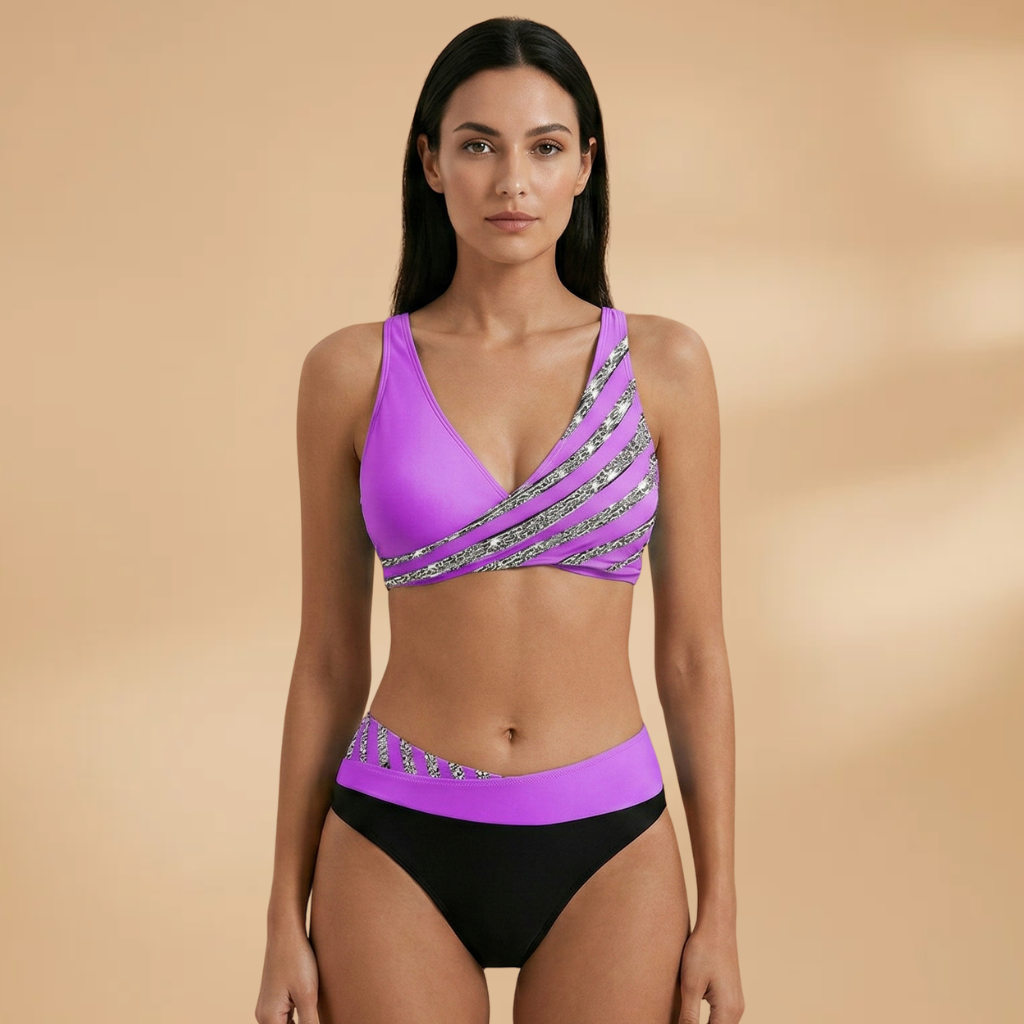 Women's High-Waist Bikini with Glitter Stripes