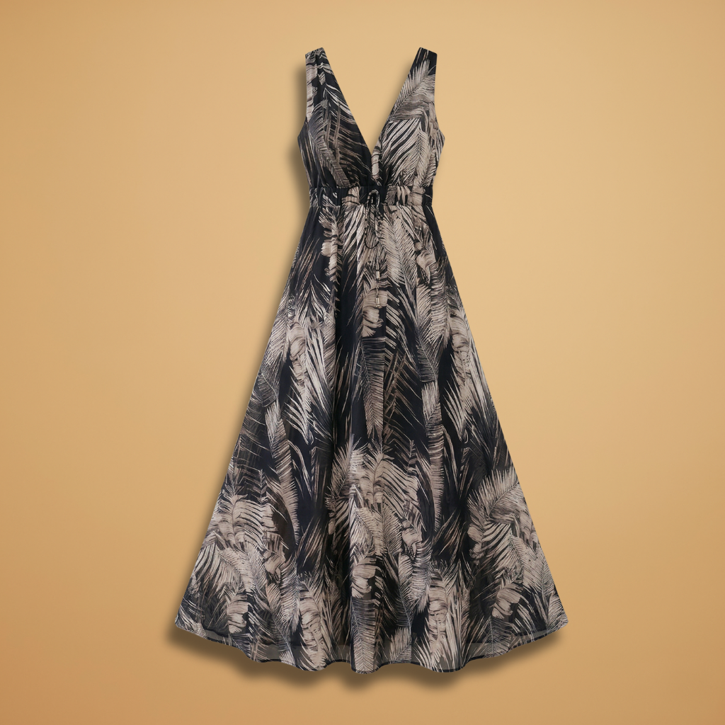 Women's Maxi Dress with Tropical Print and V-Neckline