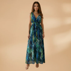 Women's Maxi Dress with Tropical Print and V-Neckline