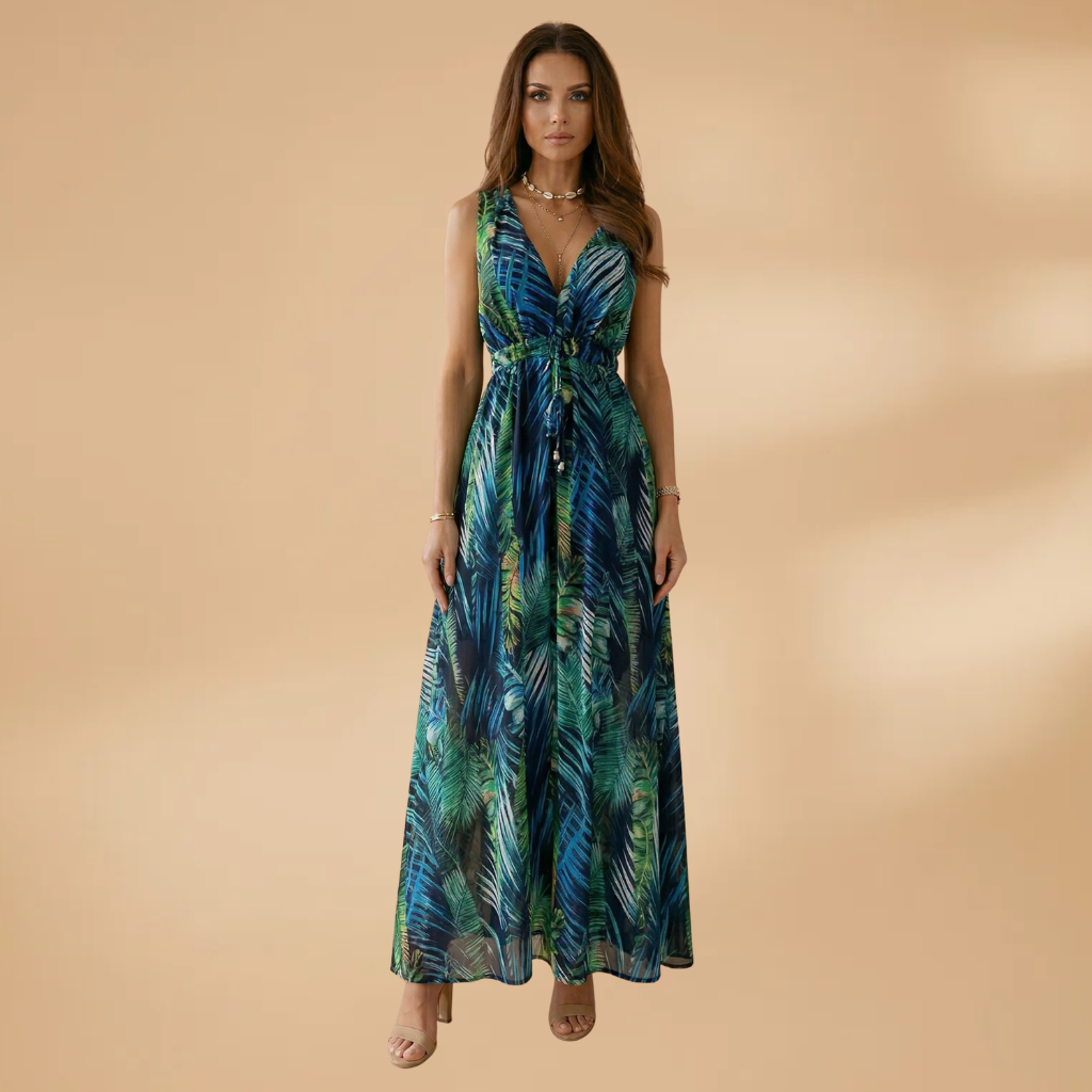 Women's Maxi Dress with Tropical Print and V-Neckline