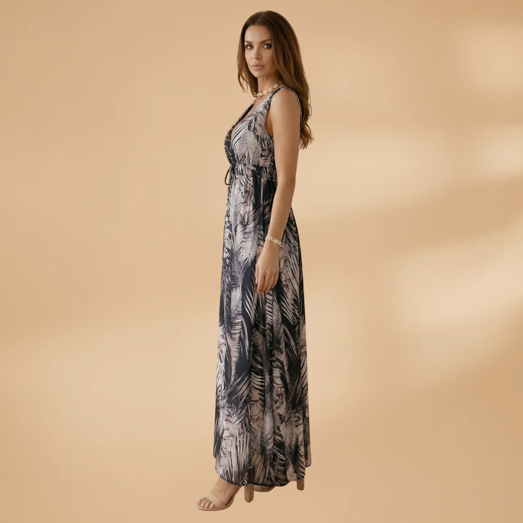 Women's Maxi Dress with Tropical Print and V-Neckline
