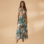 Women's Maxi Dress with Tropical Print and V-Neckline