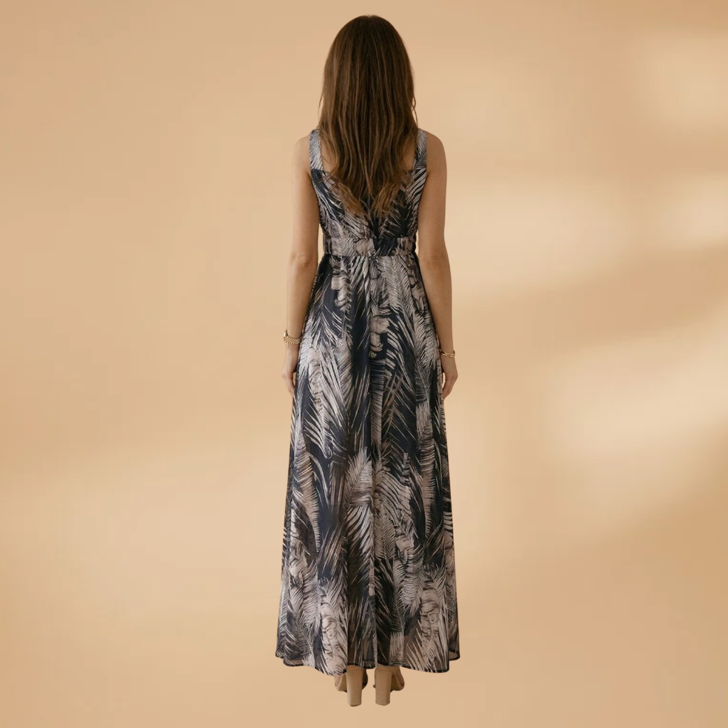 Women's Maxi Dress with Tropical Print and V-Neckline