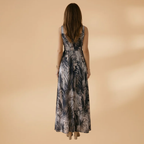 Women's Maxi Dress with Tropical Print and V-Neckline