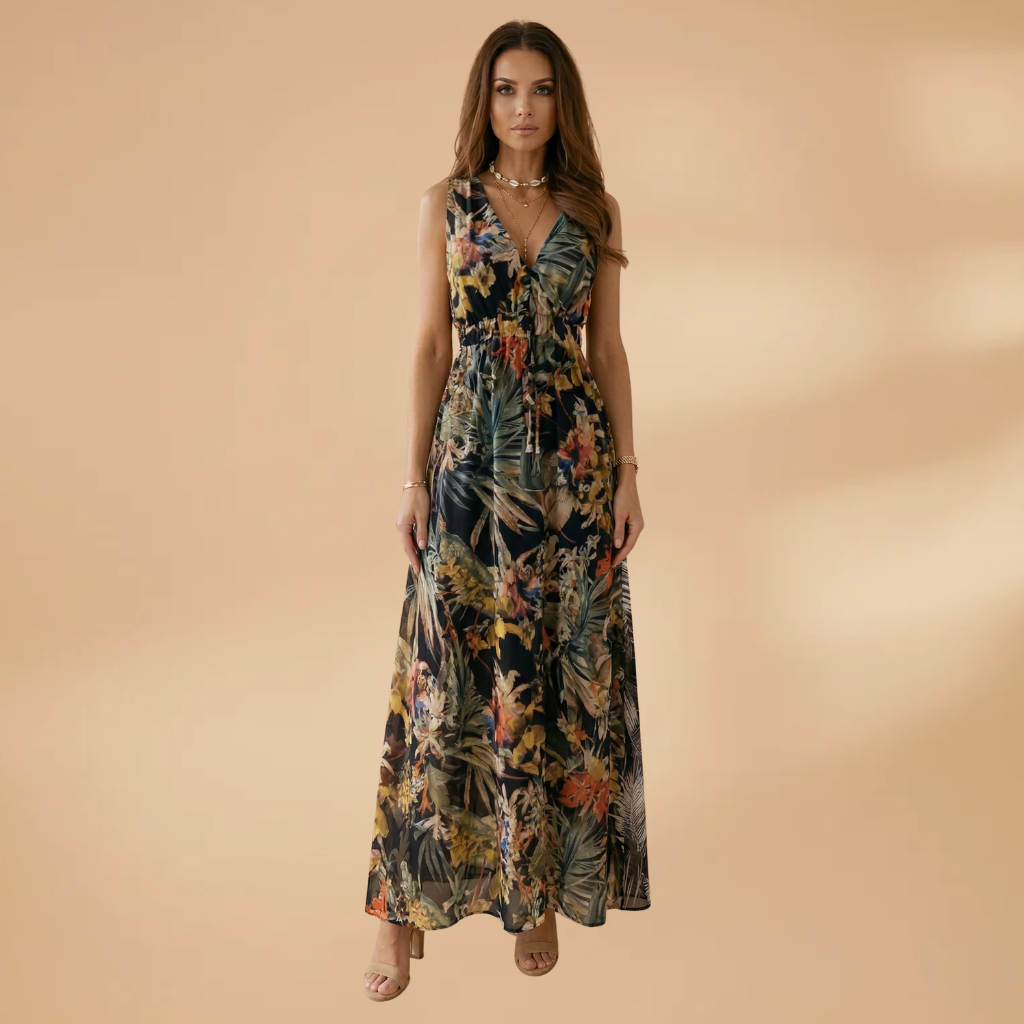 Women's Maxi Dress with Tropical Print and V-Neckline