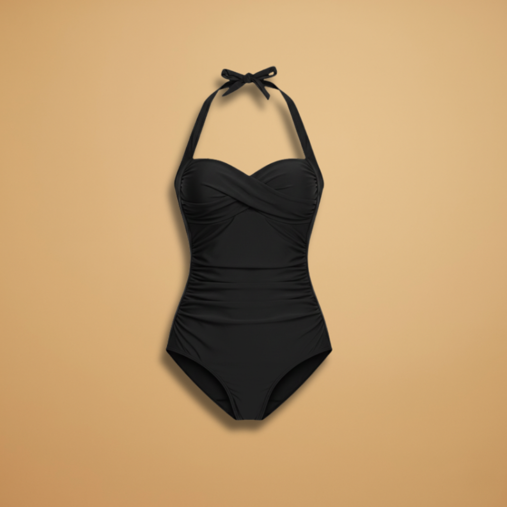 Women's One-Piece Swimsuit with Pleats and Halterneck Strap