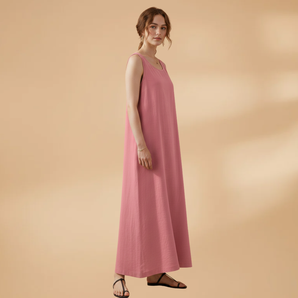 Women's Sleeveless Dress with Round Neck and Practical Pockets
