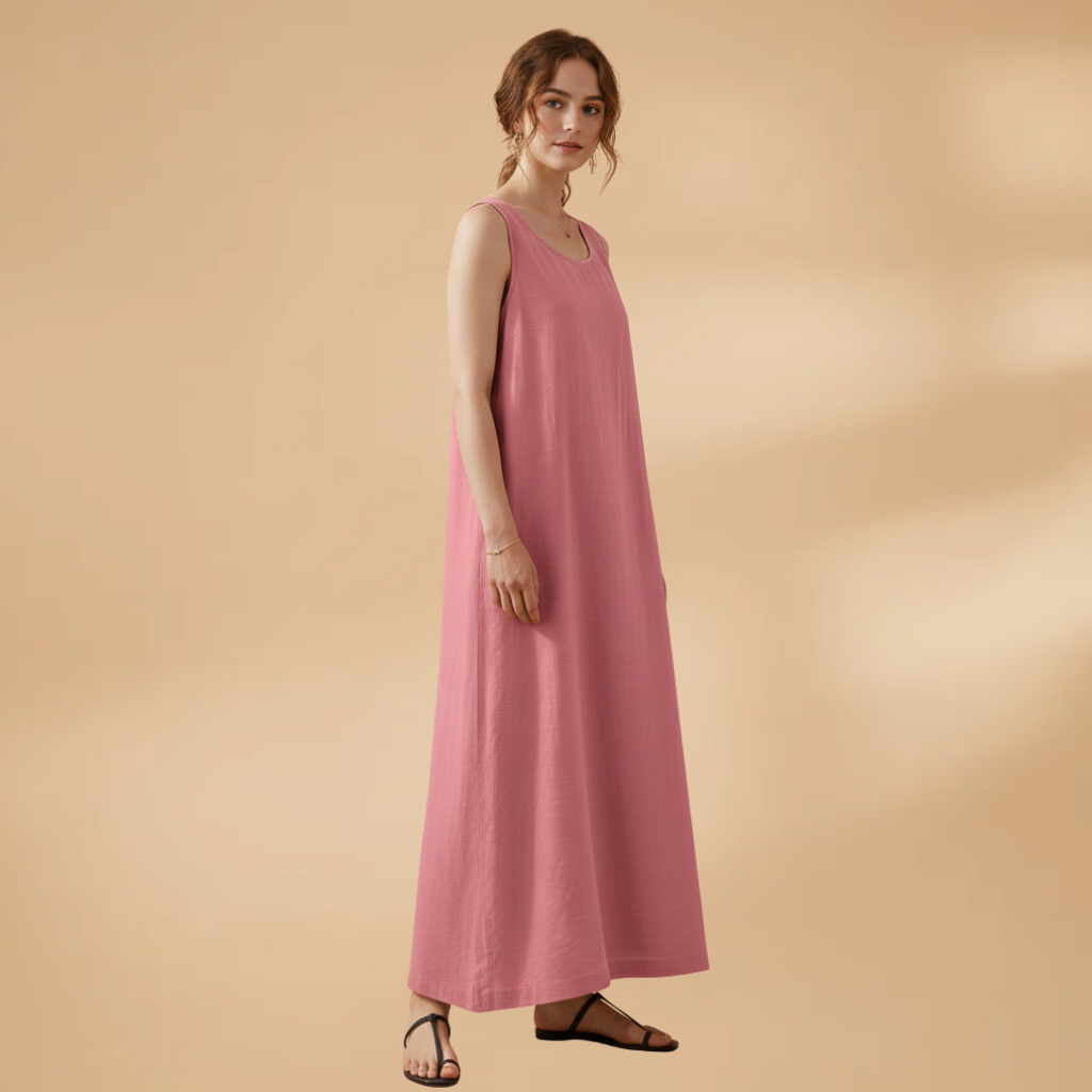Women's Sleeveless Dress with Round Neck and Practical Pockets