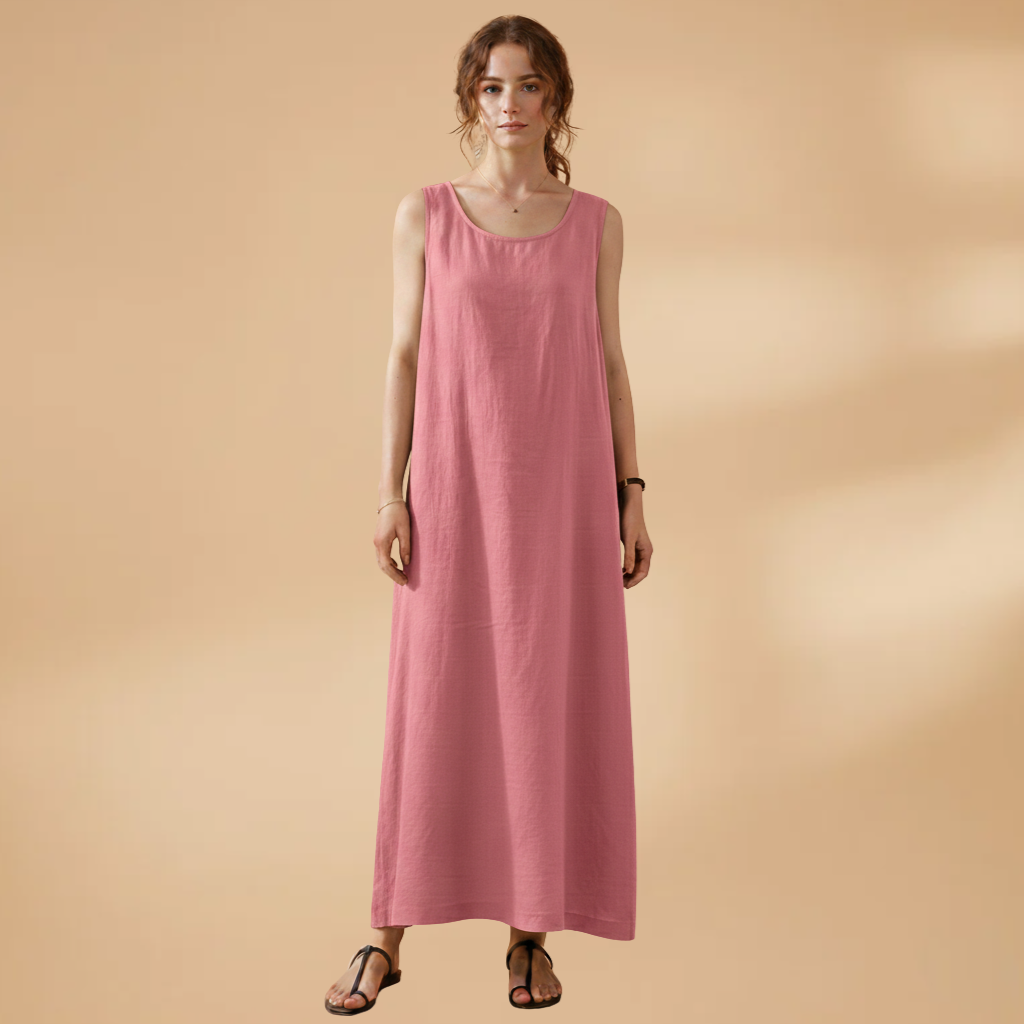 Women's Sleeveless Dress with Round Neck and Practical Pockets
