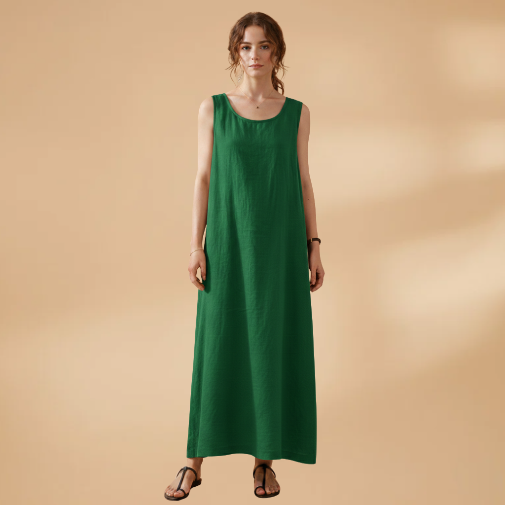 Women's Sleeveless Dress with Round Neck and Practical Pockets