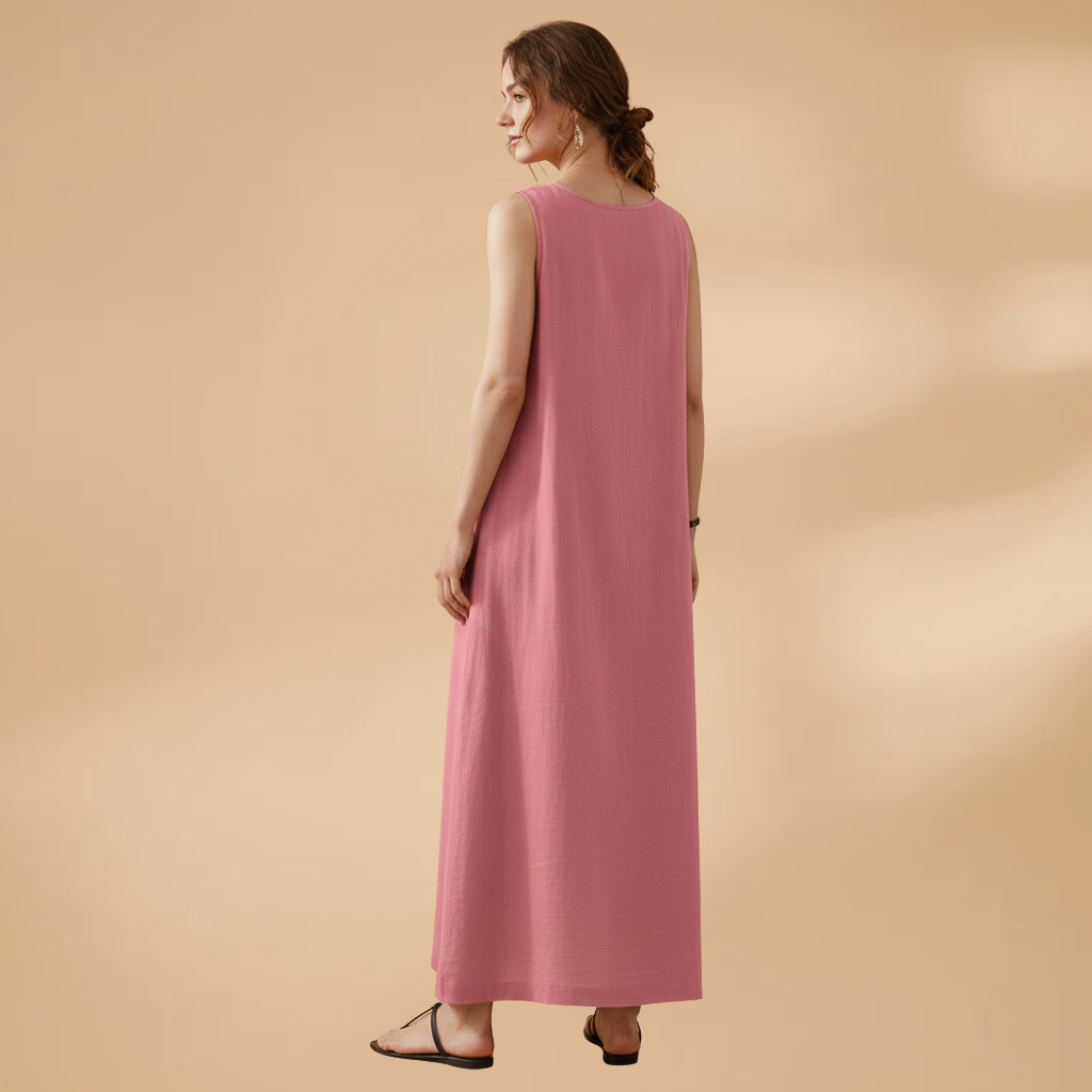 Women's Sleeveless Dress with Round Neck and Practical Pockets