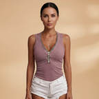 Women's Sleeveless Top with Zip Design and V-Neckline