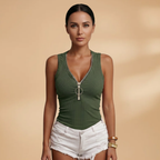Women's Sleeveless Top with Zip Design and V-Neckline
