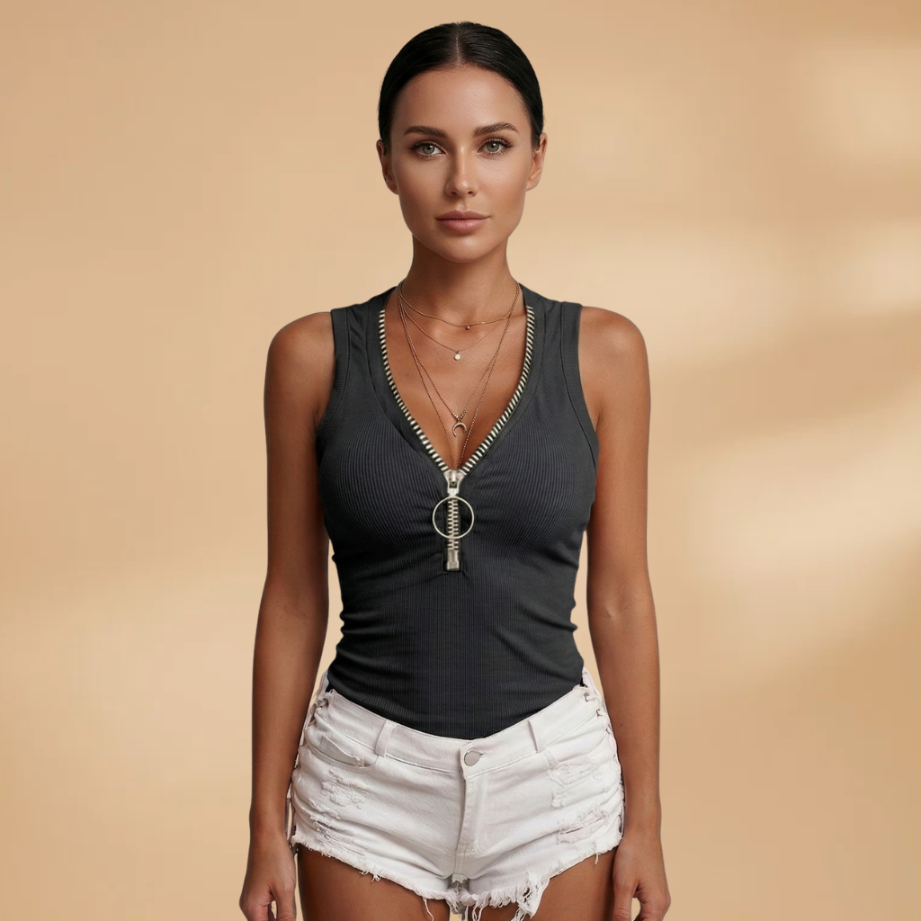 Women's Sleeveless Top with Zip Design and V-Neckline
