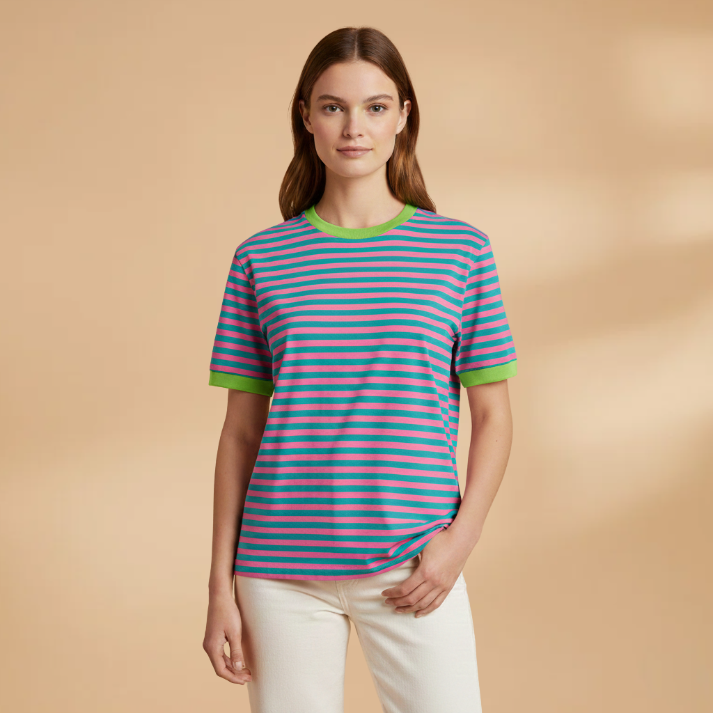 Women’s Striped T-Shirt with Loose Fit and Contrasting Design