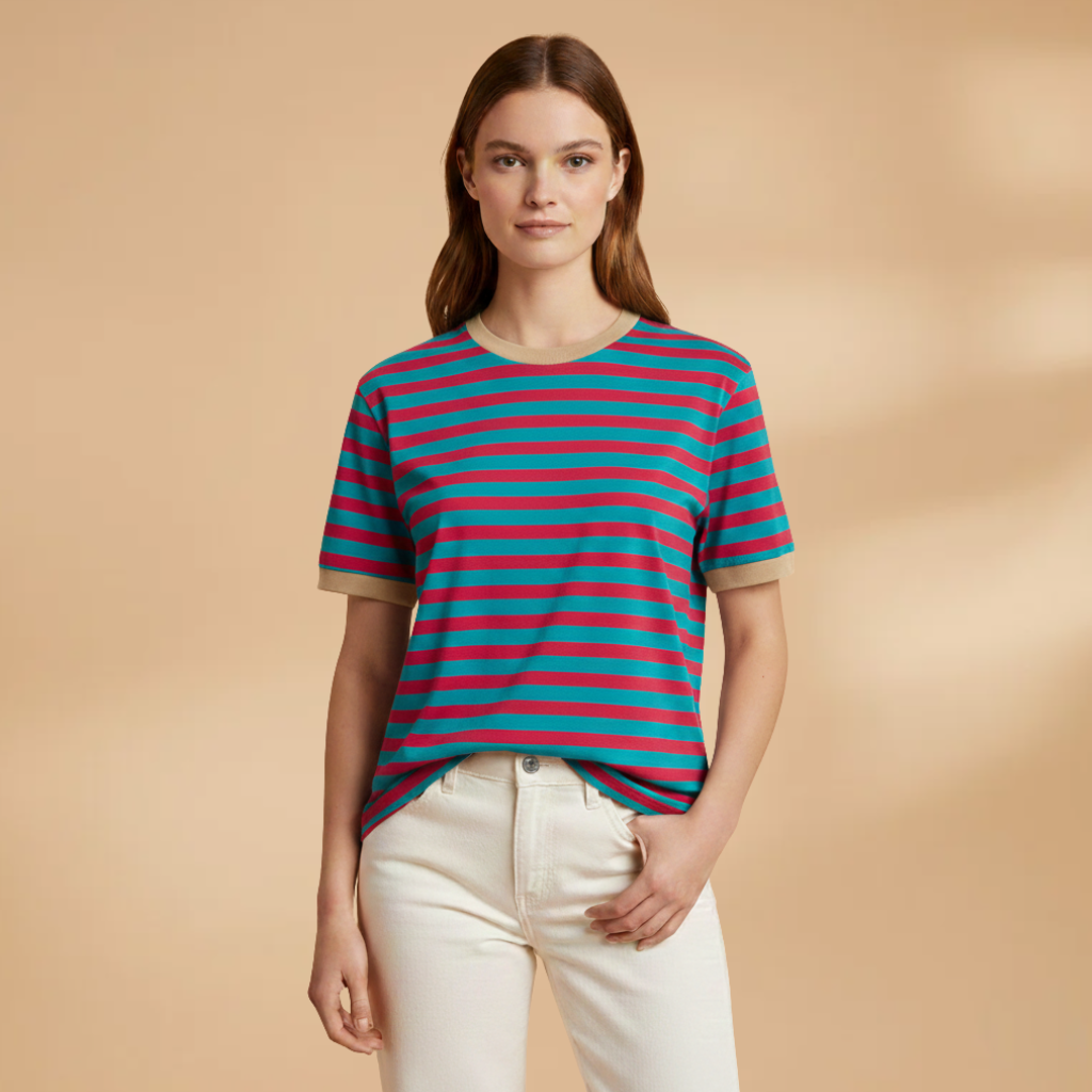 Women’s Striped T-Shirt with Loose Fit and Contrasting Design