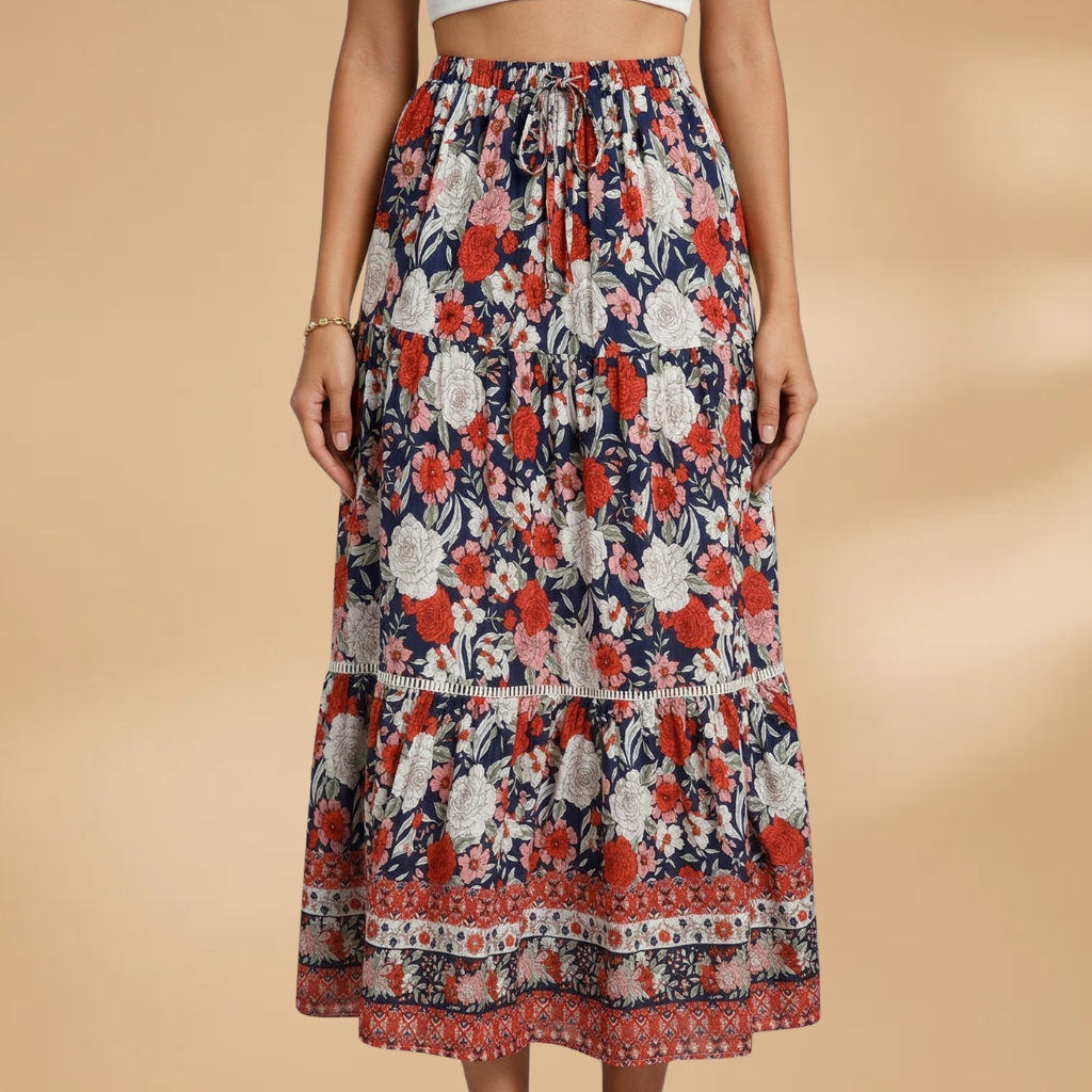 Women's Summer Skirt with Floral Pattern and Elasticated Waistband