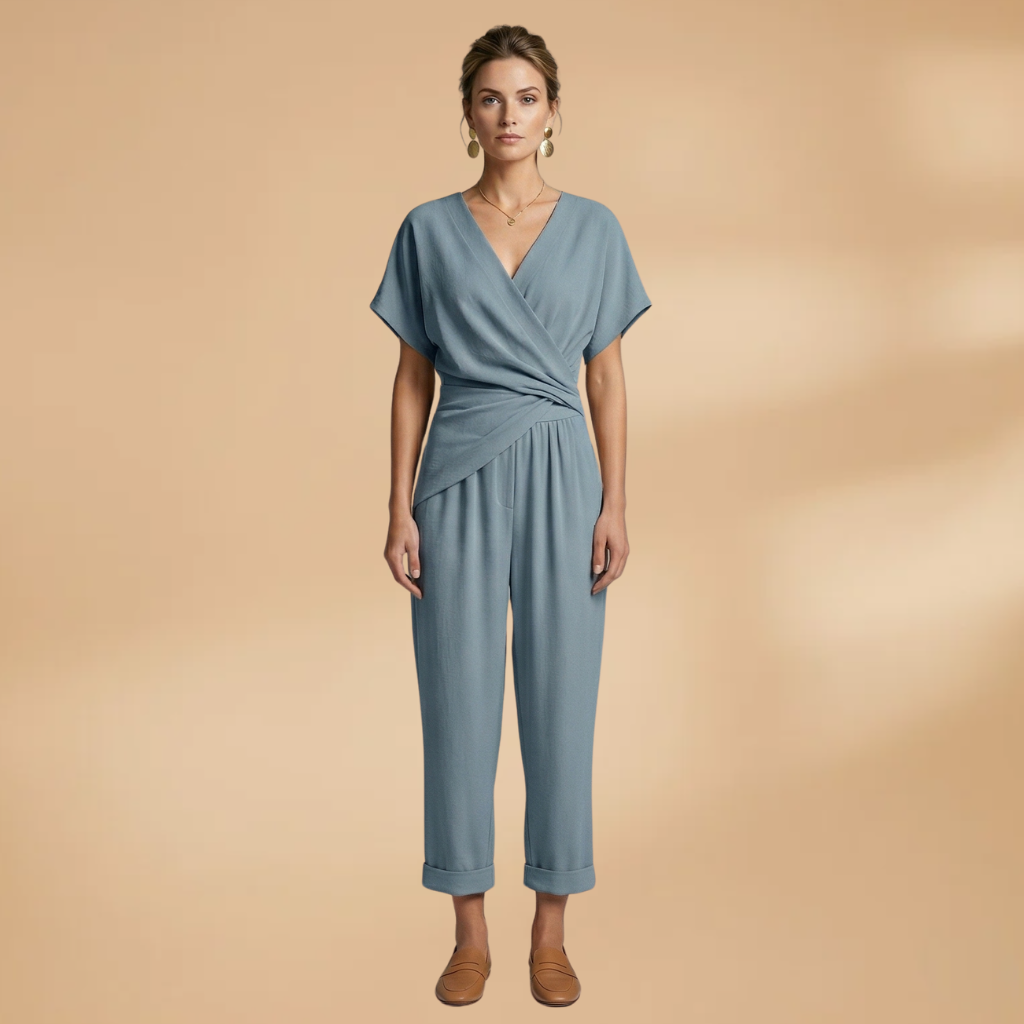 Women's Two-Piece Set with Wrap Top and Cropped Trousers