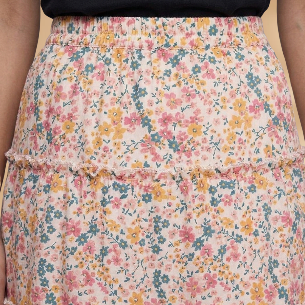 Women's Voluminous Skirt with Floral Design and Frilled Hem