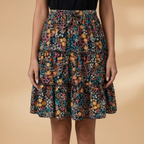 Women's Voluminous Skirt with Floral Design and Frilled Hem
