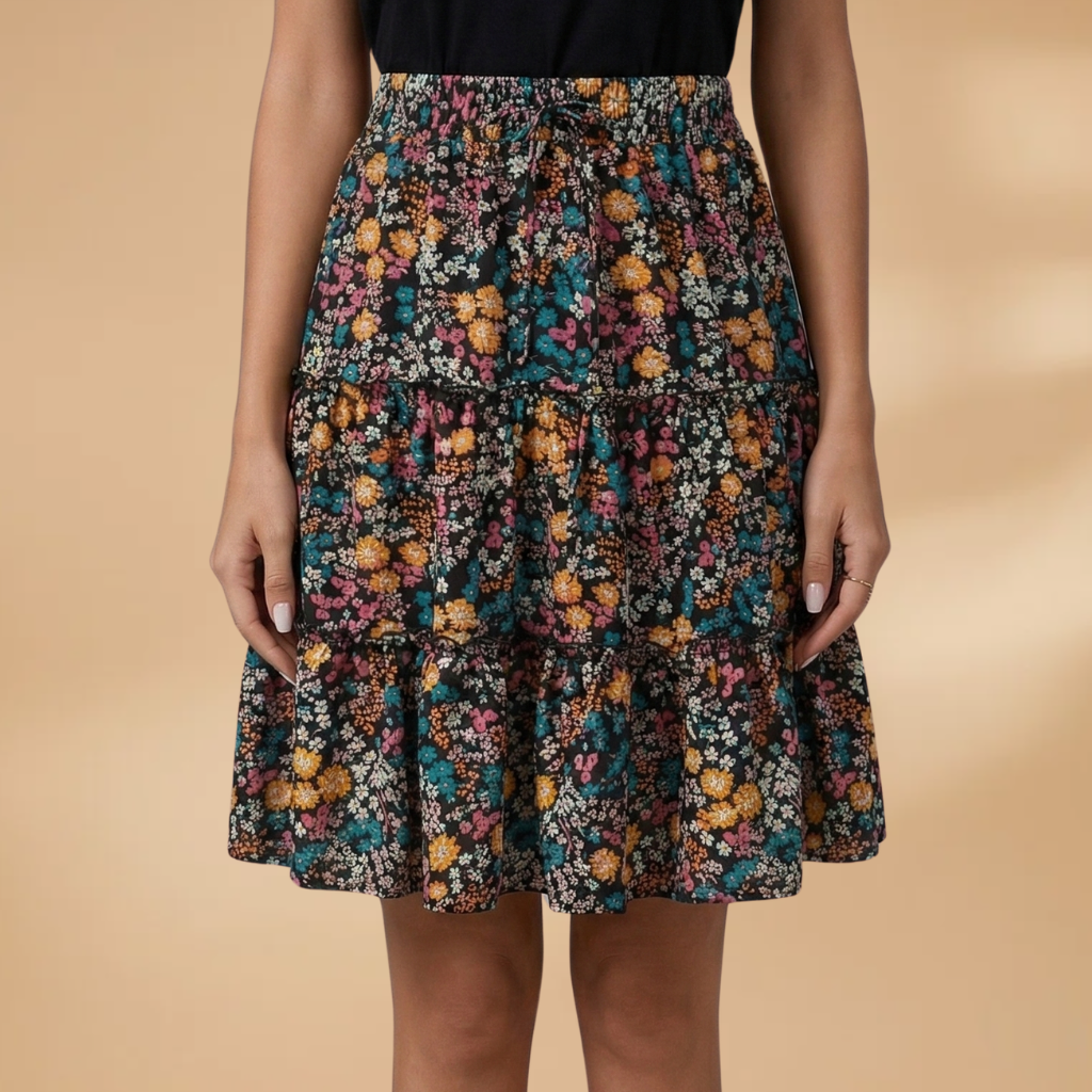 Women's Voluminous Skirt with Floral Design and Frilled Hem