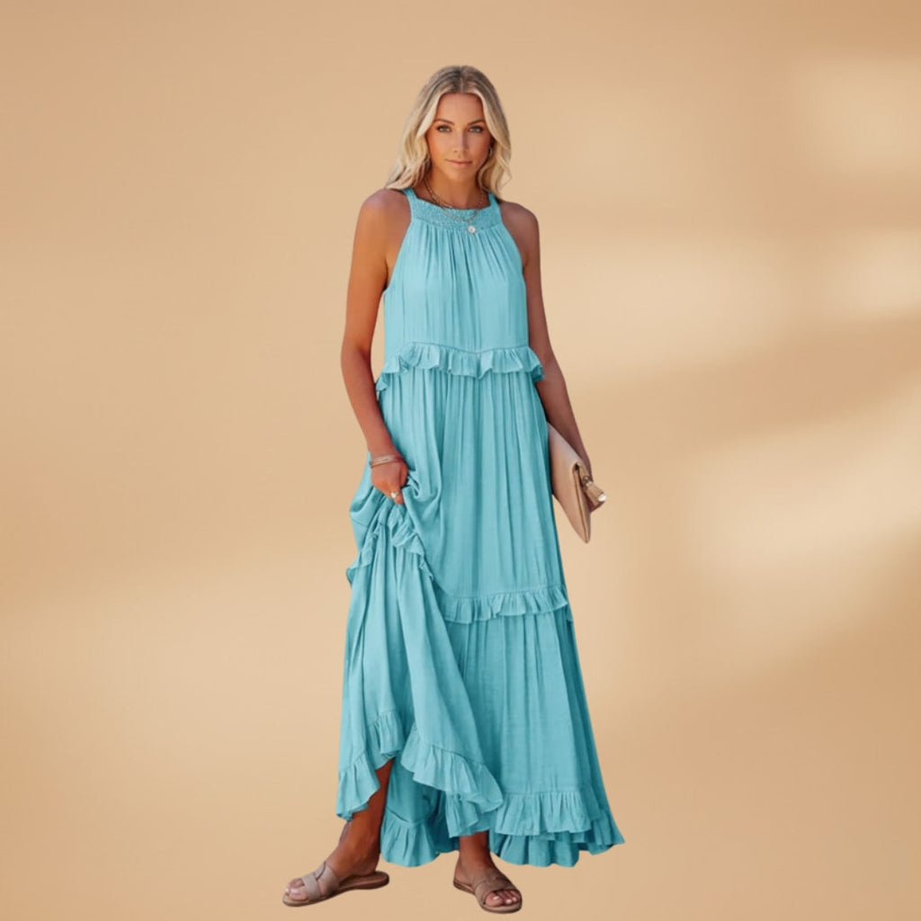 Women's dress with a tiered skirt and ruffled details