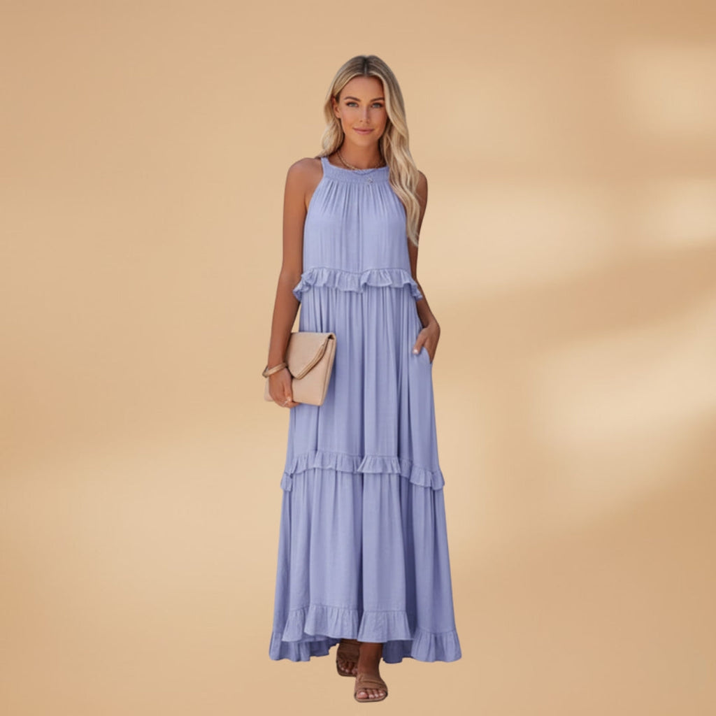 Women's dress with a tiered skirt and ruffled details