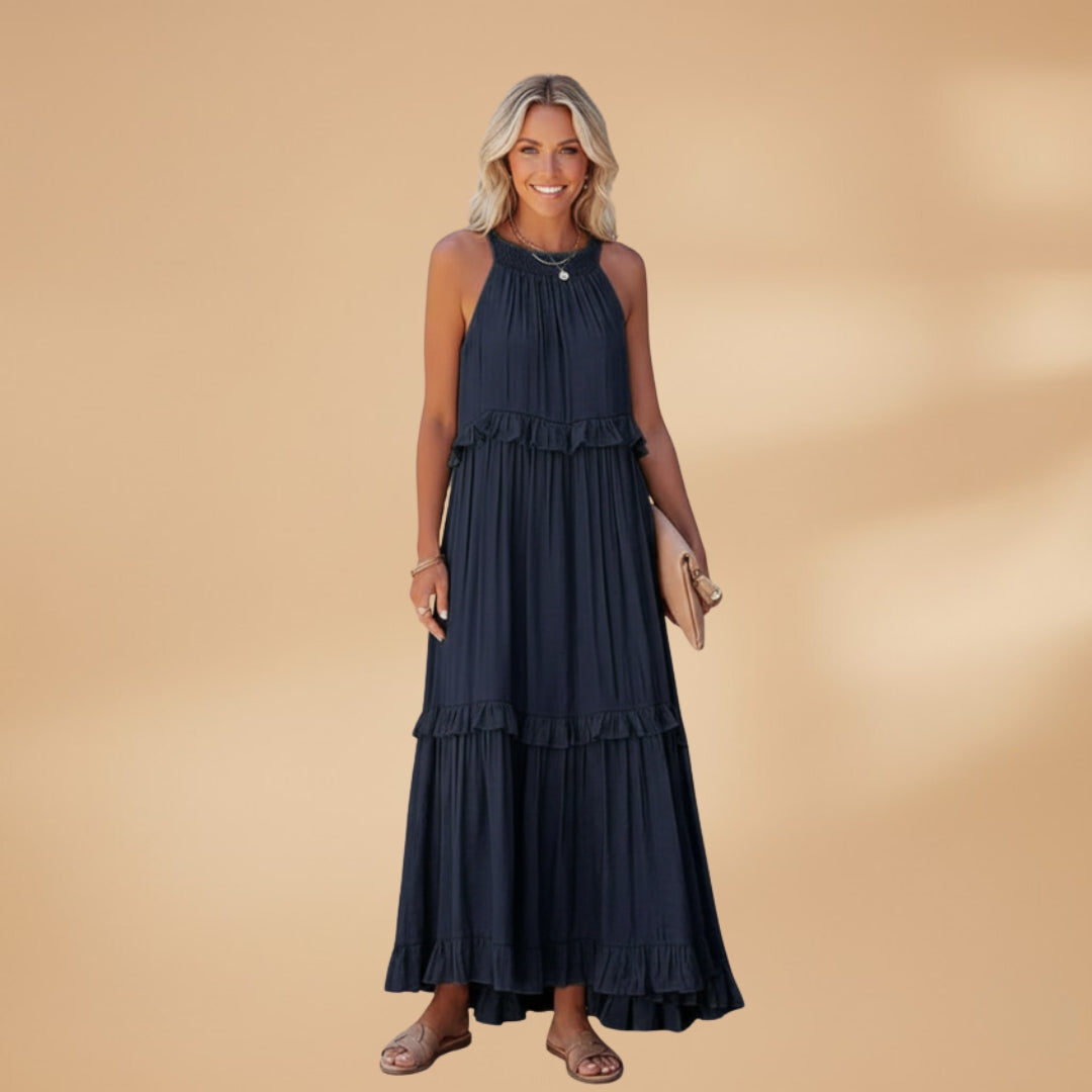 Women's dress with a tiered skirt and ruffled details
