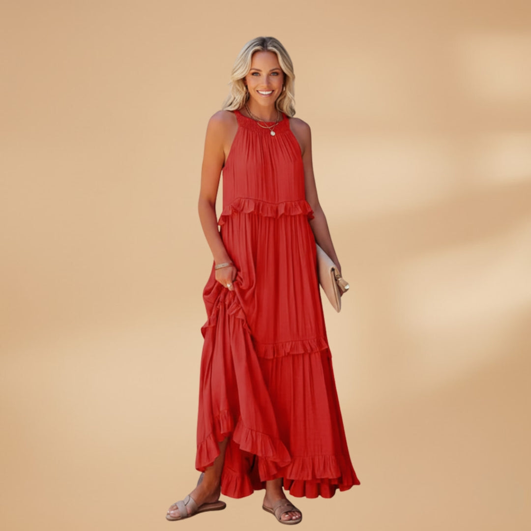 Women's dress with a tiered skirt and ruffled details