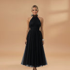 Women's maxi dress with a halter neck and tulle surface