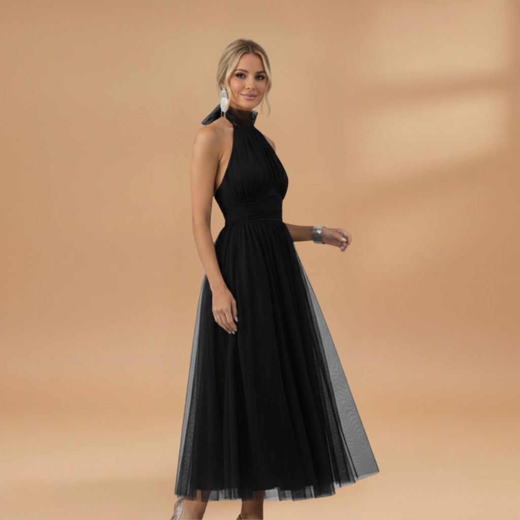 Women's maxi dress with a halter neck and tulle surface