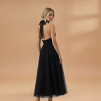 Women's maxi dress with a halter neck and tulle surface