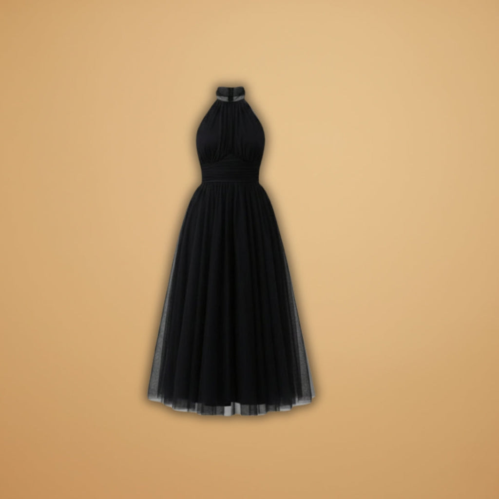 Women's maxi dress with a halter neck and tulle surface